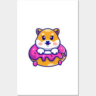 Cute baby shiba inu dog with doughnut cartoon Posters and Art